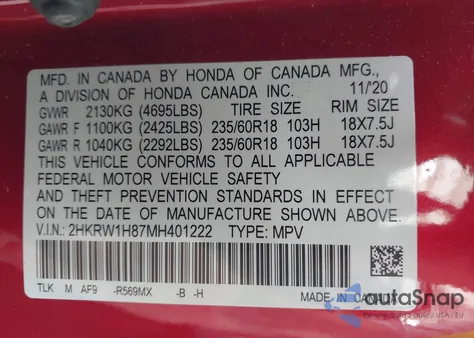 2021 Honda Cr-V 2Wd Ex-L z USA, uszkodzony, nr VIN 2HKRW1H87MH401222